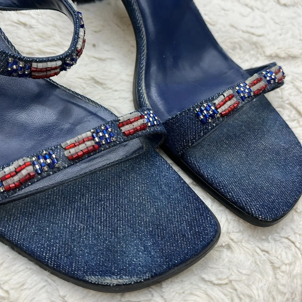Y2K 90s Vintage American Flag Kitten Heel Sandals
